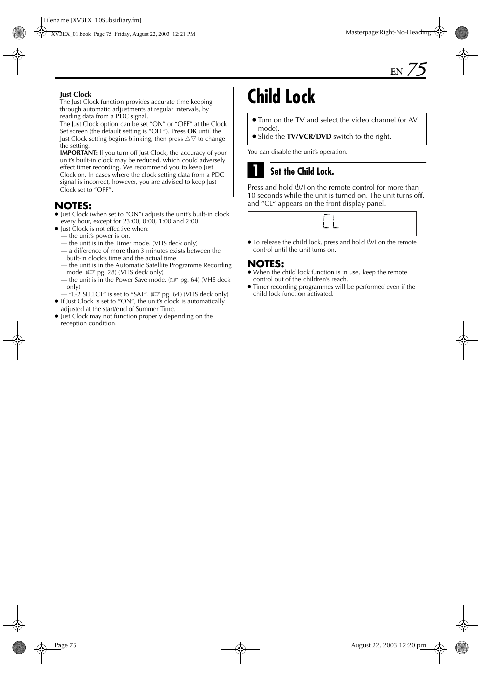 Child lock, Pg. 75, “just clock”), The same way if the sy | K function, Pg. 75) does not w, K setting, Pg. 75, “just, Clock”), Set the child lock | JVC HR-XV3E User Manual | Page 75 / 84