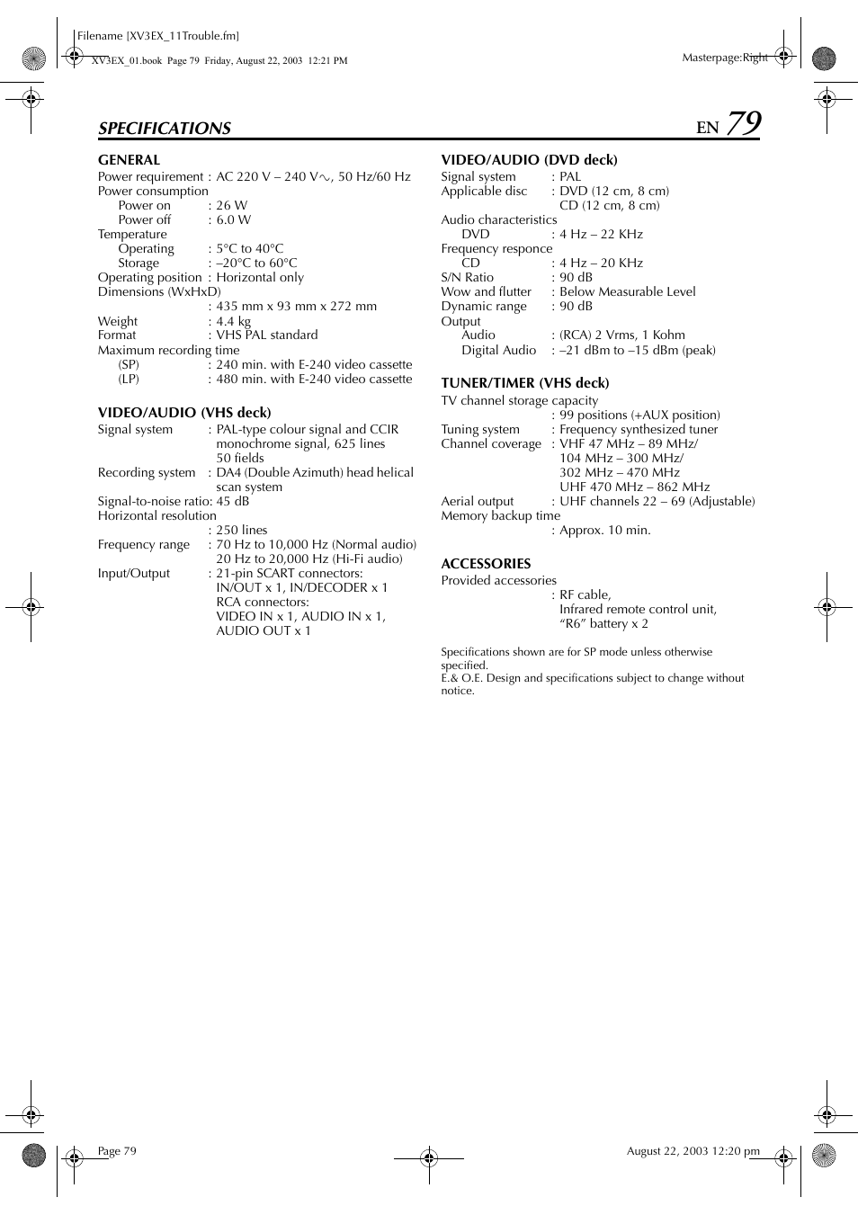 Specifications, Specifications 79, Specifications” on | JVC HR-XV3E User Manual | Page 79 / 84