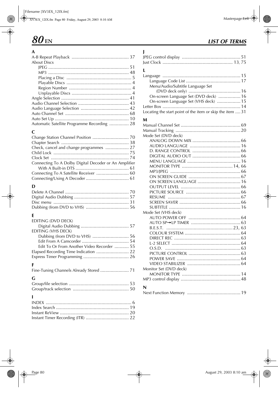 List of terms | JVC HR-XV3E User Manual | Page 80 / 84