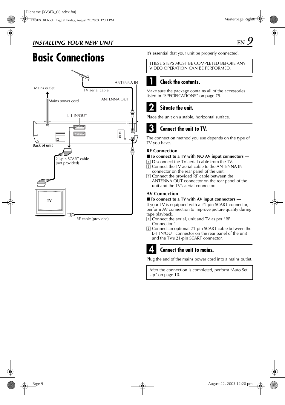 Installing your new unit, Basic connections, Wer cord | Pg. 9 | JVC HR-XV3E User Manual | Page 9 / 84