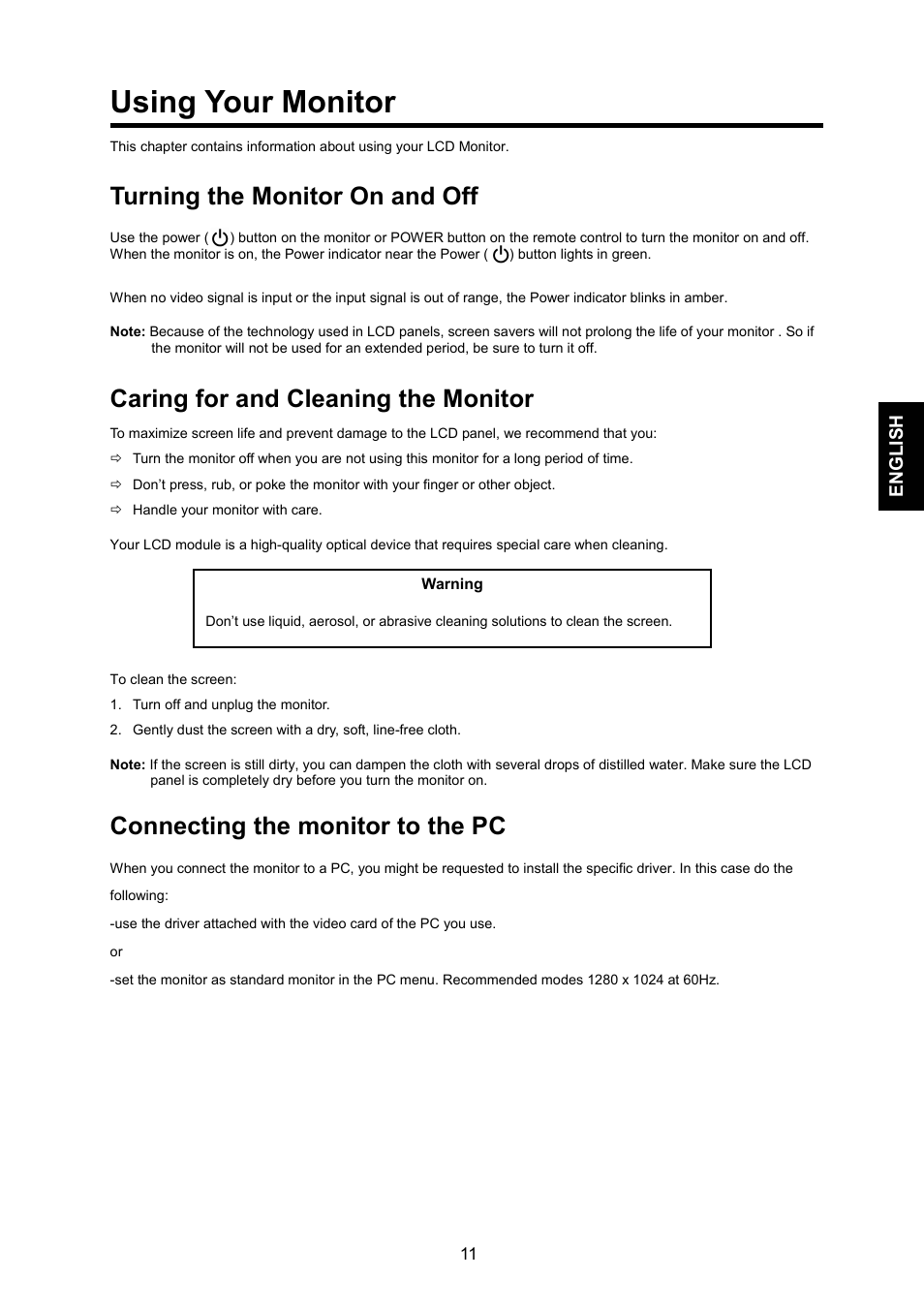 Using your monitor, Turning the monitor on and off, Caring for and cleaning the monitor | Connecting the monitor to the pc | JVC GD-19L1G  EN User Manual | Page 11 / 24