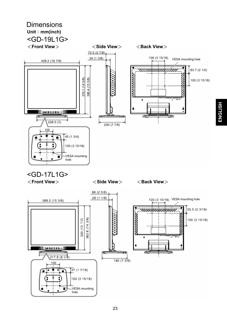 Dimensions, Gd-19l1g, Gd-17l1g | JVC GD-19L1G  EN User Manual | Page 23 / 24
