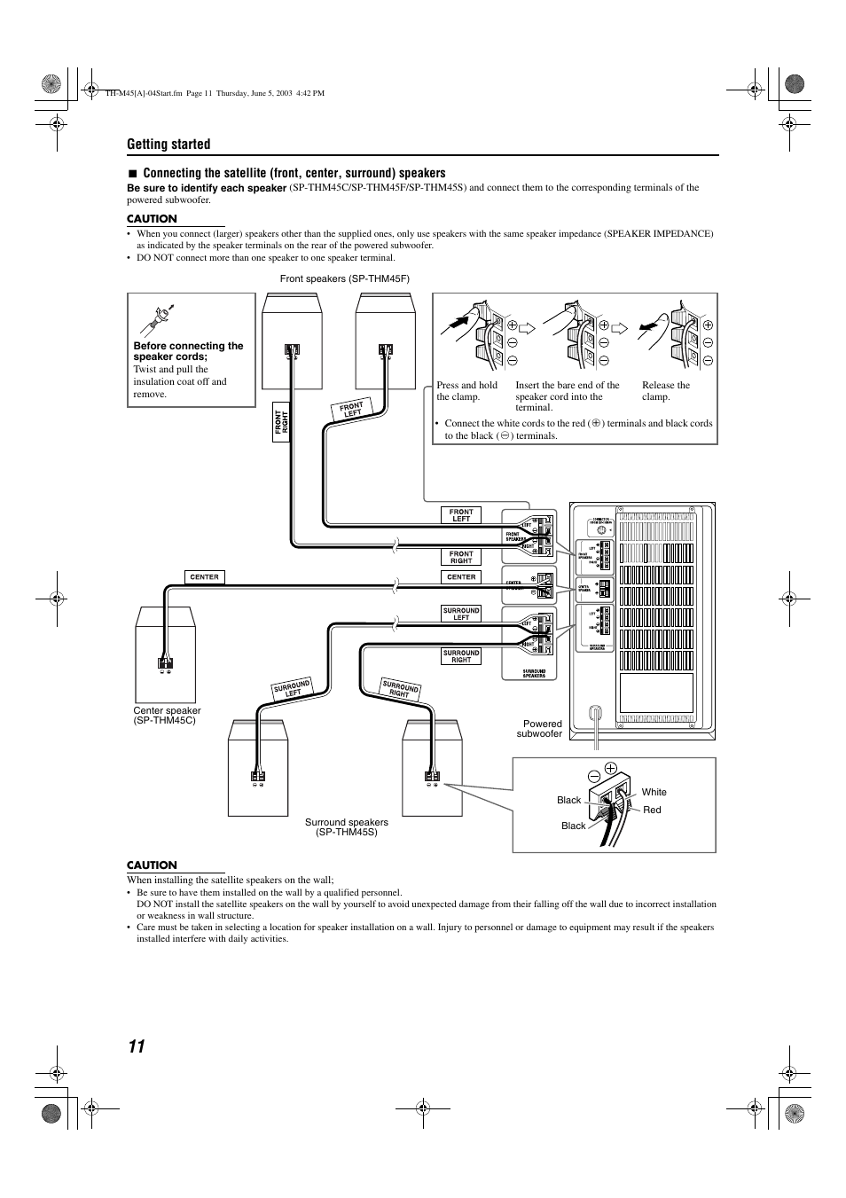 Kers), A pg. 11, Er terminals (center speaker) | Getting started, English | JVC SP-THM45C User Manual | Page 14 / 64