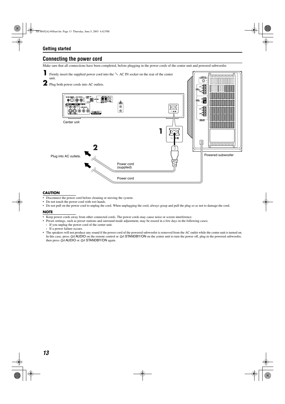 Connecting the power cord | JVC SP-THM45C User Manual | Page 16 / 64