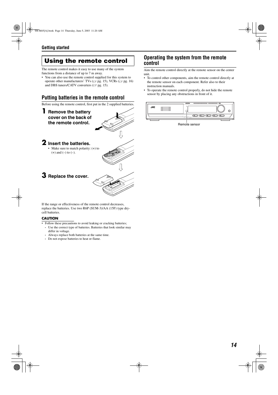 Te sensor, A pg. 14, Using the remote control | Putting batteries in the remote control, Operating the system from the remote control | JVC SP-THM45C User Manual | Page 17 / 64