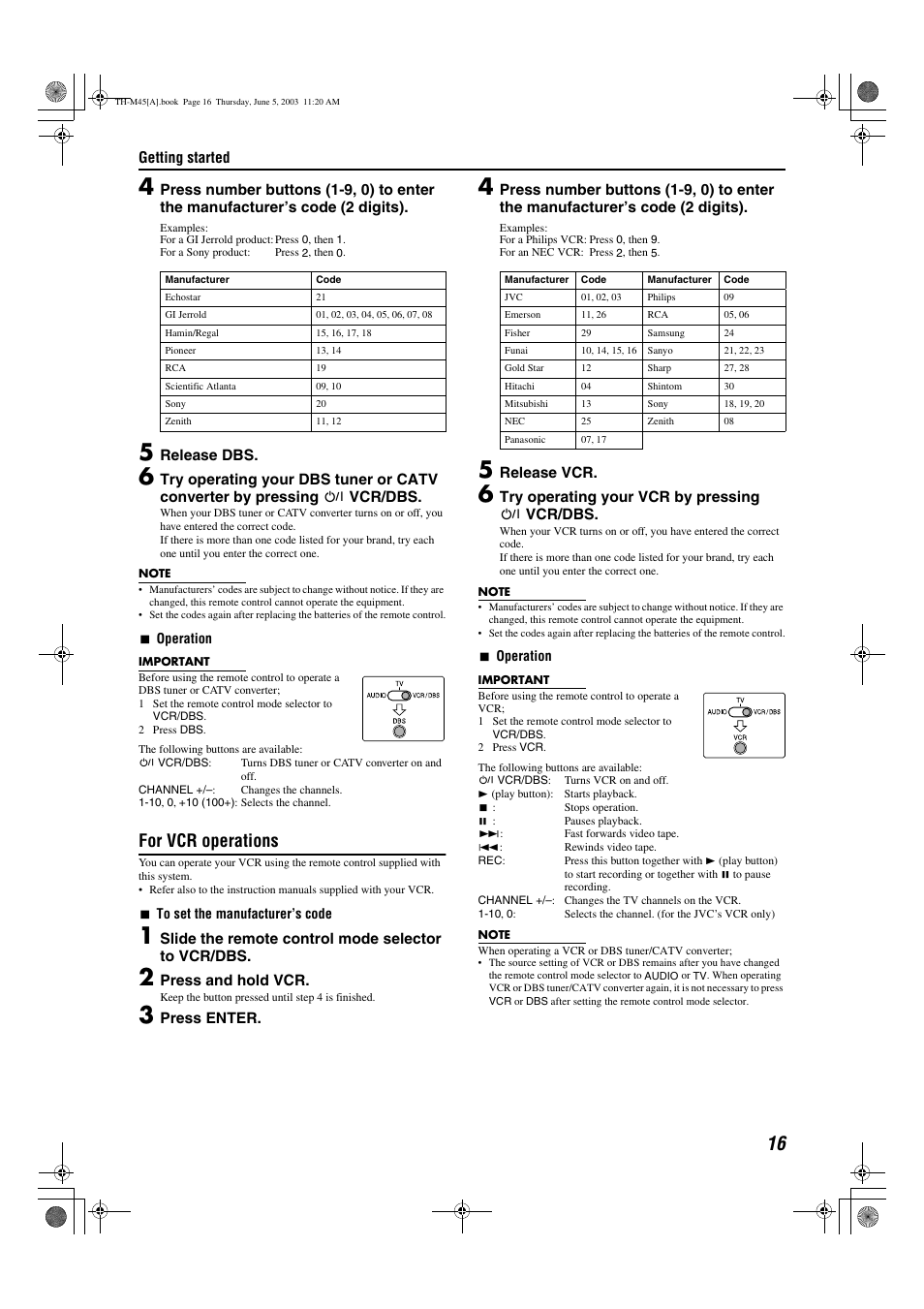 A pg. 16, For vcr operations | JVC SP-THM45C User Manual | Page 19 / 64