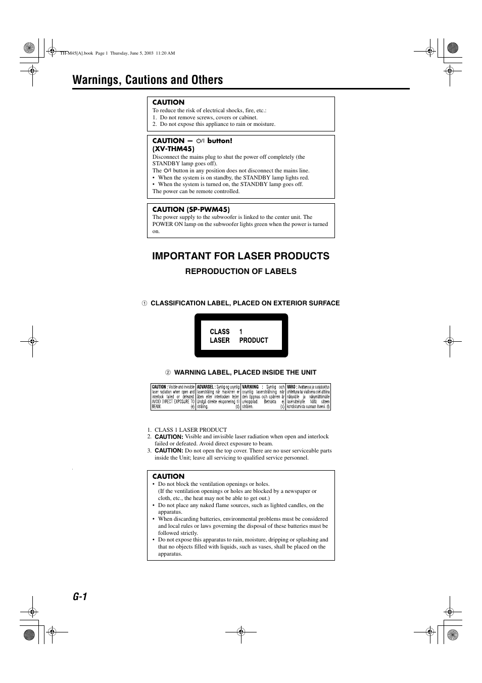 Warnings, cautions and others, Important for laser products | JVC SP-THM45C User Manual | Page 2 / 64