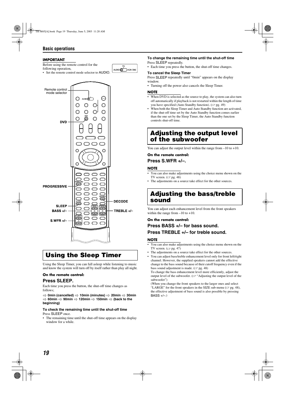 Sleep), A pg. 19, Using the sleep timer | JVC SP-THM45C User Manual | Page 22 / 64