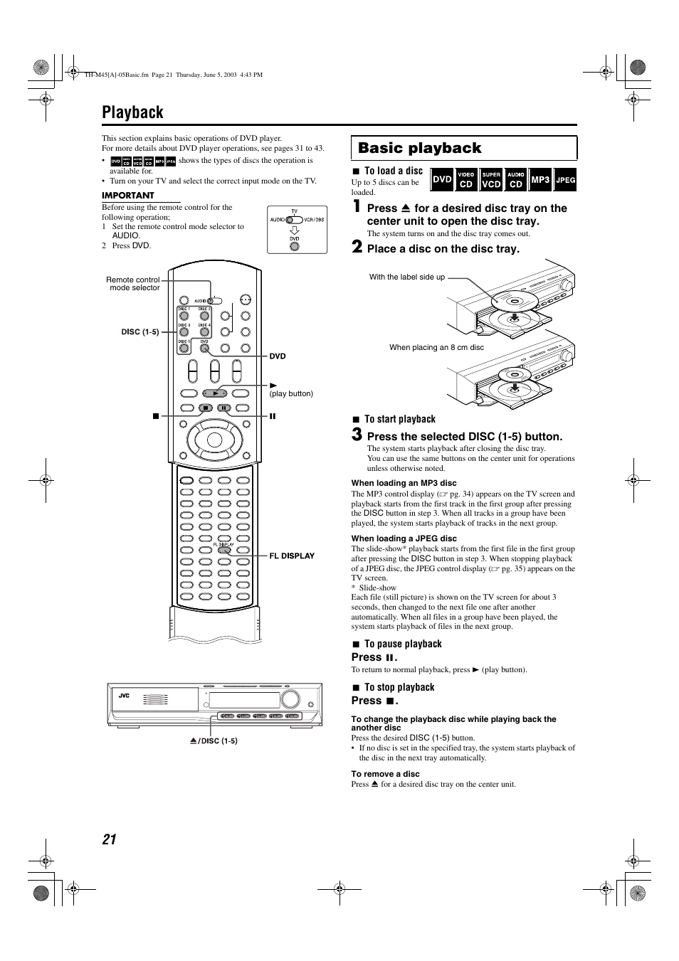 Playback, A pg. 21), A pg. 21 | Disc trays, Disc 1-5), Deo cd etc.), A pg. 21, 23), Basic playback | JVC SP-THM45C User Manual | Page 24 / 64