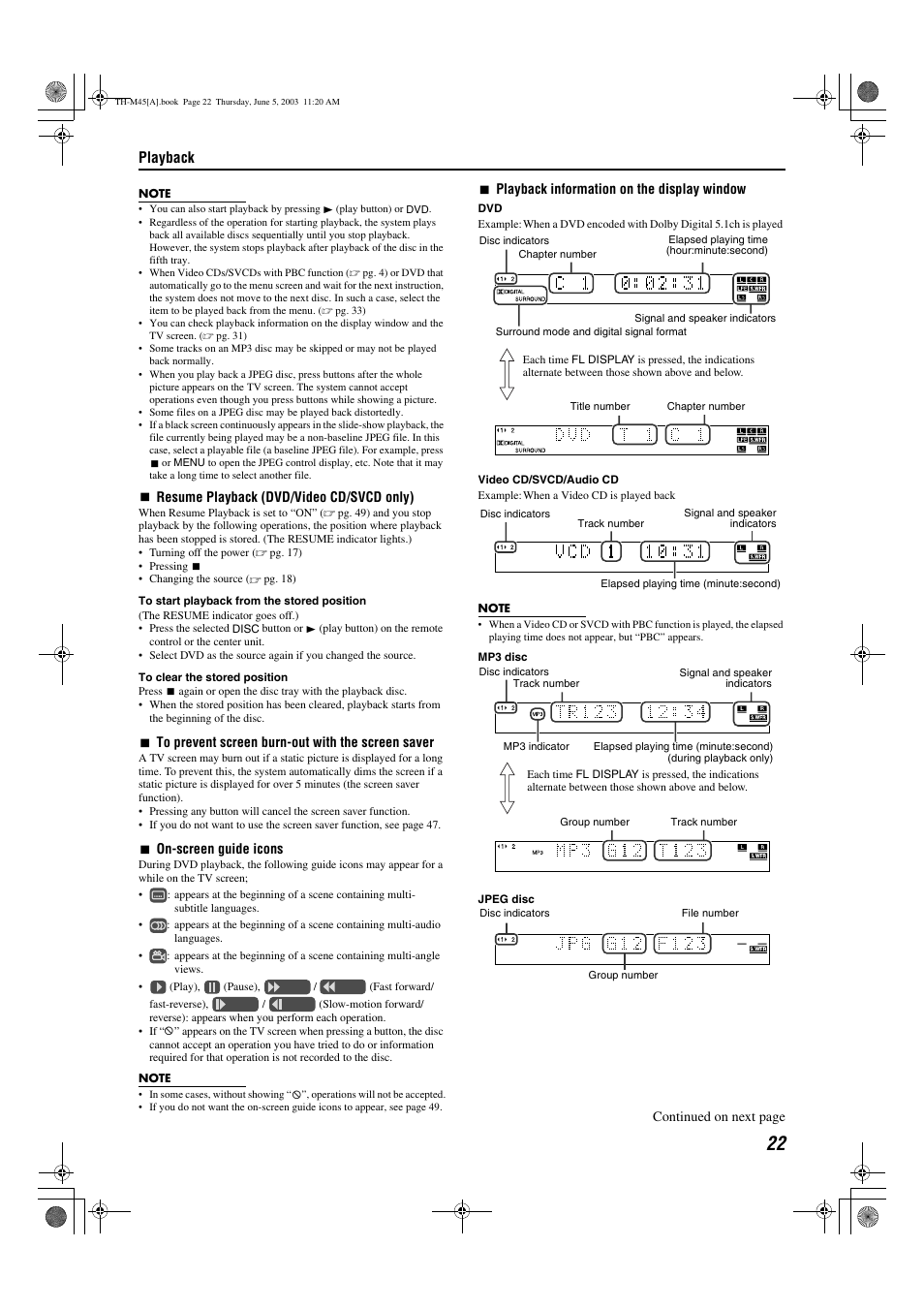Cator, A pg. 22, Resume) | Playback | JVC SP-THM45C User Manual | Page 25 / 64