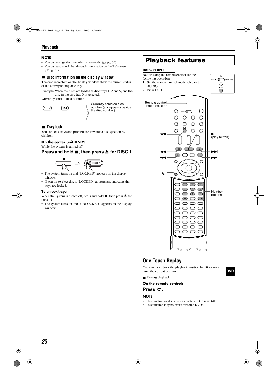 Disc indicators, A pg. 23, Playback features | One touch replay | JVC SP-THM45C User Manual | Page 26 / 64