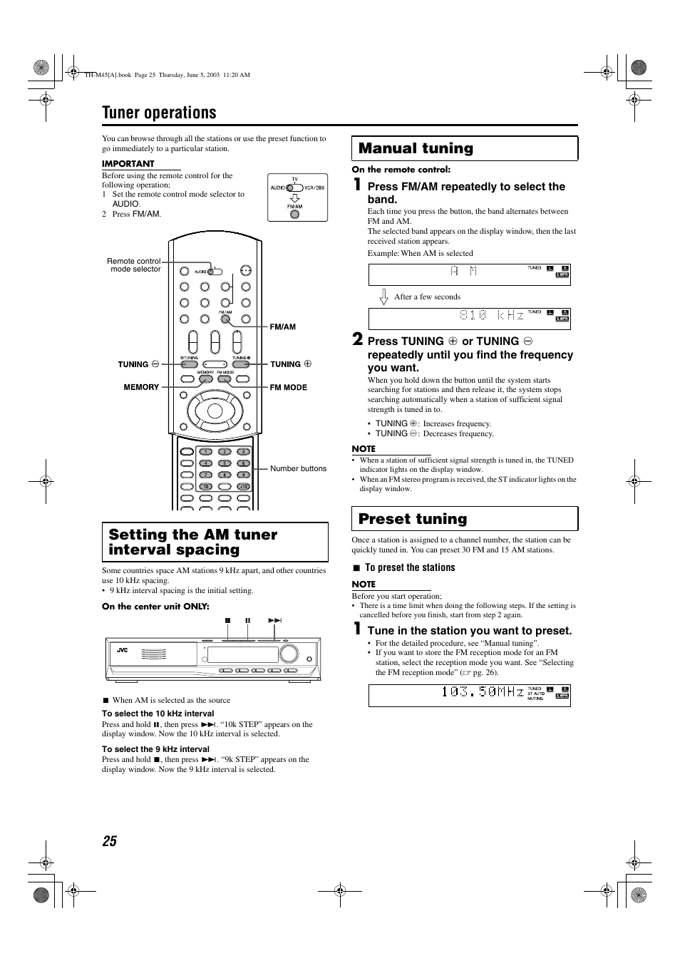 Tuner operations, Stereo indicator (st), A pg. 25 | Ned), Ne in an fm or am station, A pg. 25), Setting the am tuner interval spacing, Manual tuning preset tuning | JVC SP-THM45C User Manual | Page 28 / 64