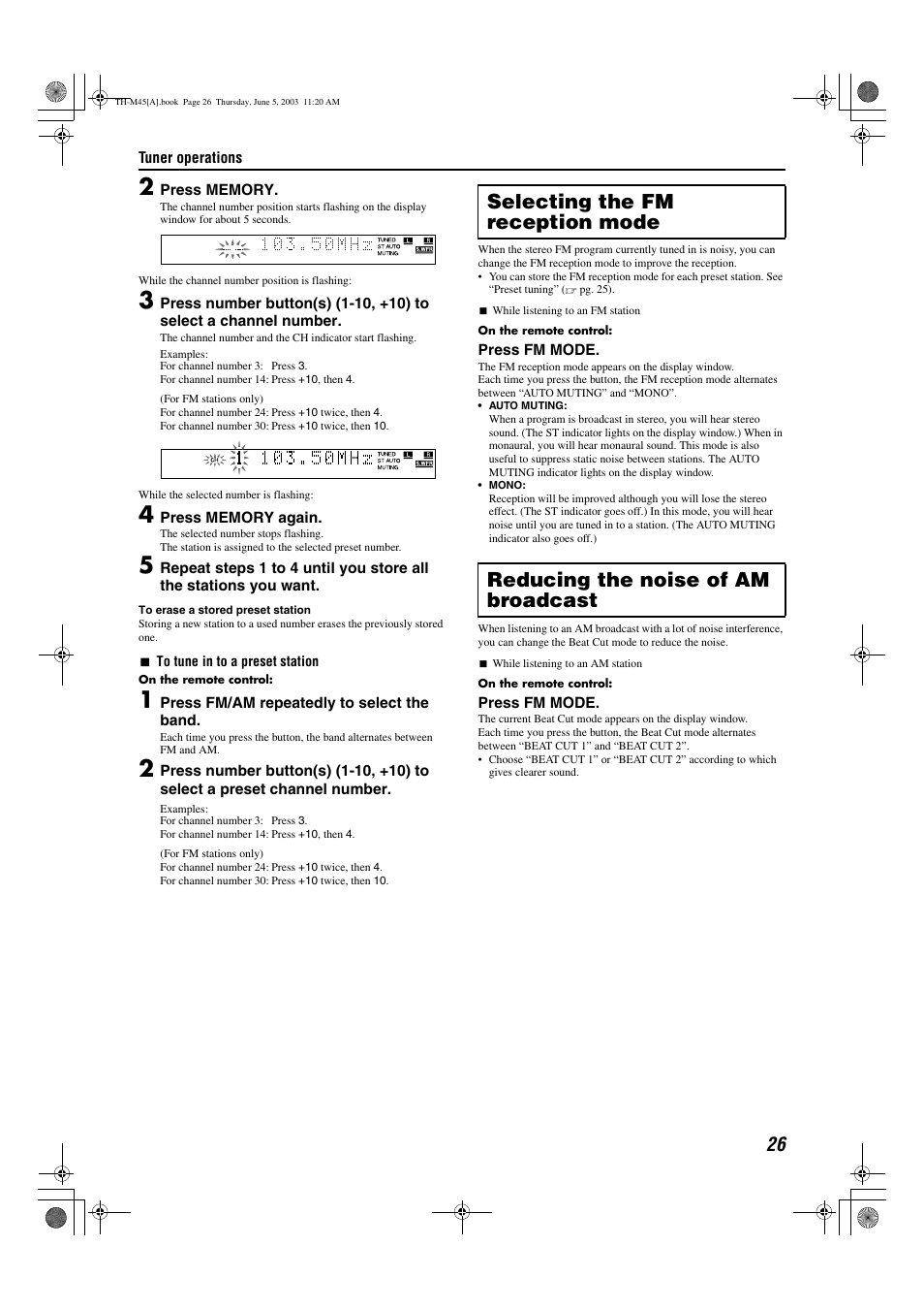 A pg. 26, Tton (fm mode), Nt. see “selecting the fm reception mode | A pg. 26) | JVC SP-THM45C User Manual | Page 29 / 64