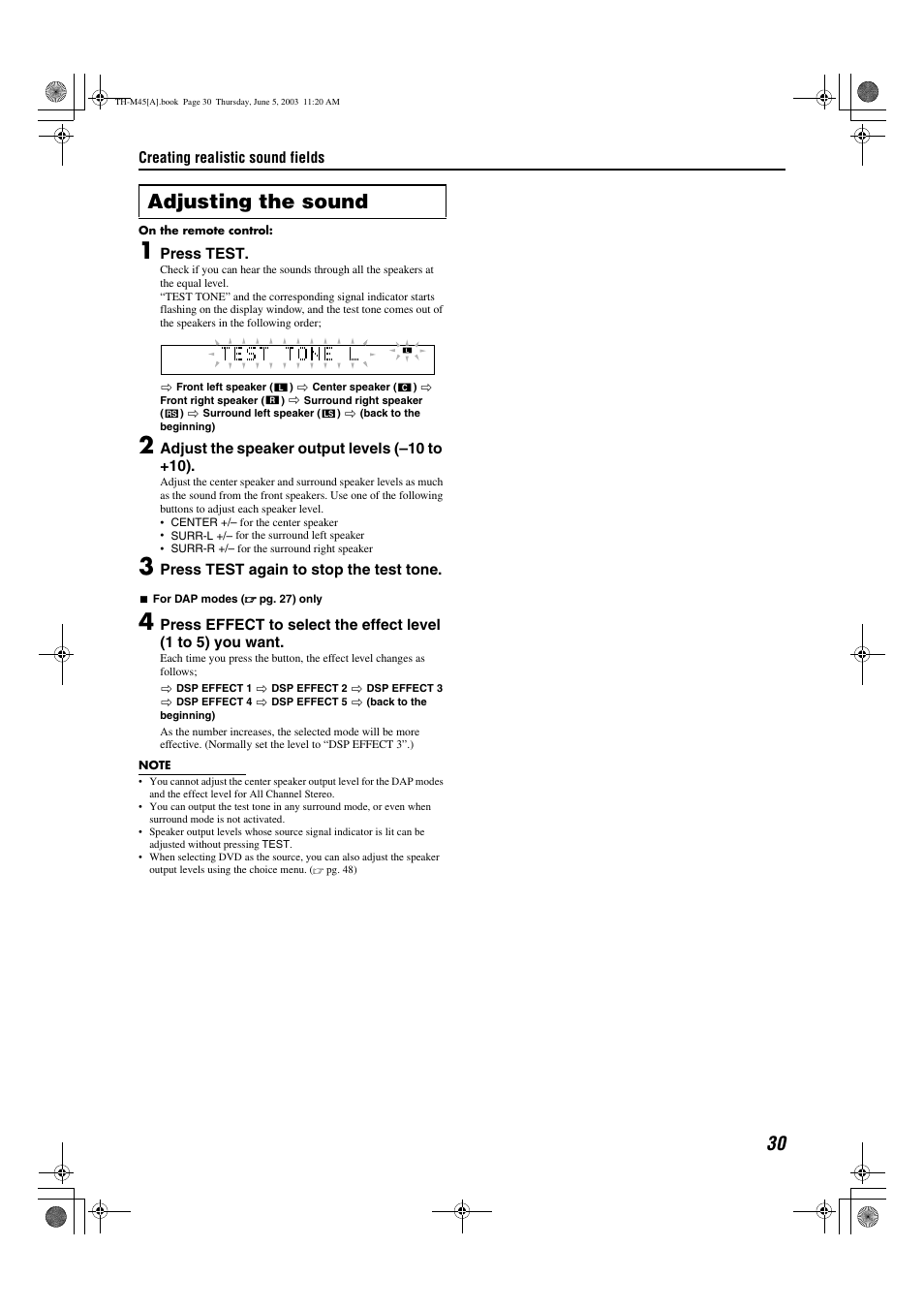 A pg. 30, N (test), Surr) | Adjusting the sound | JVC SP-THM45C User Manual | Page 33 / 64