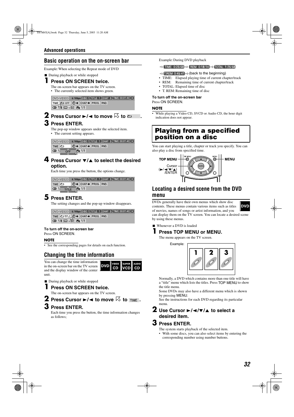 A pg. 32, A pg. 32), Playing from a specified position on a disc | Basic operation on the on-screen bar, Changing the time information, Locating a desired scene from the dvd menu | JVC SP-THM45C User Manual | Page 35 / 64