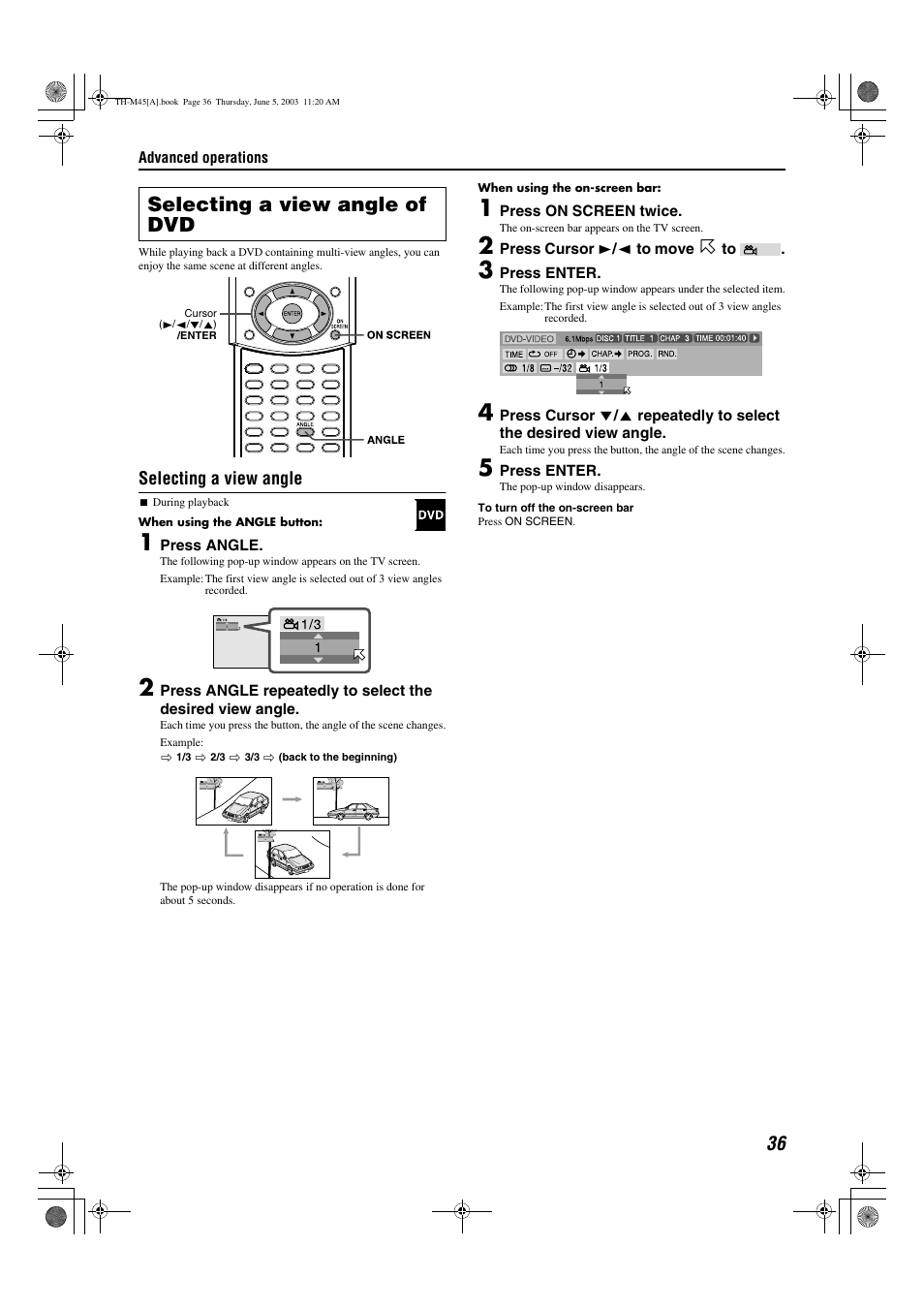 A pg. 36, Angle, A pg. 36) | Selecting a view angle of dvd | JVC SP-THM45C User Manual | Page 39 / 64