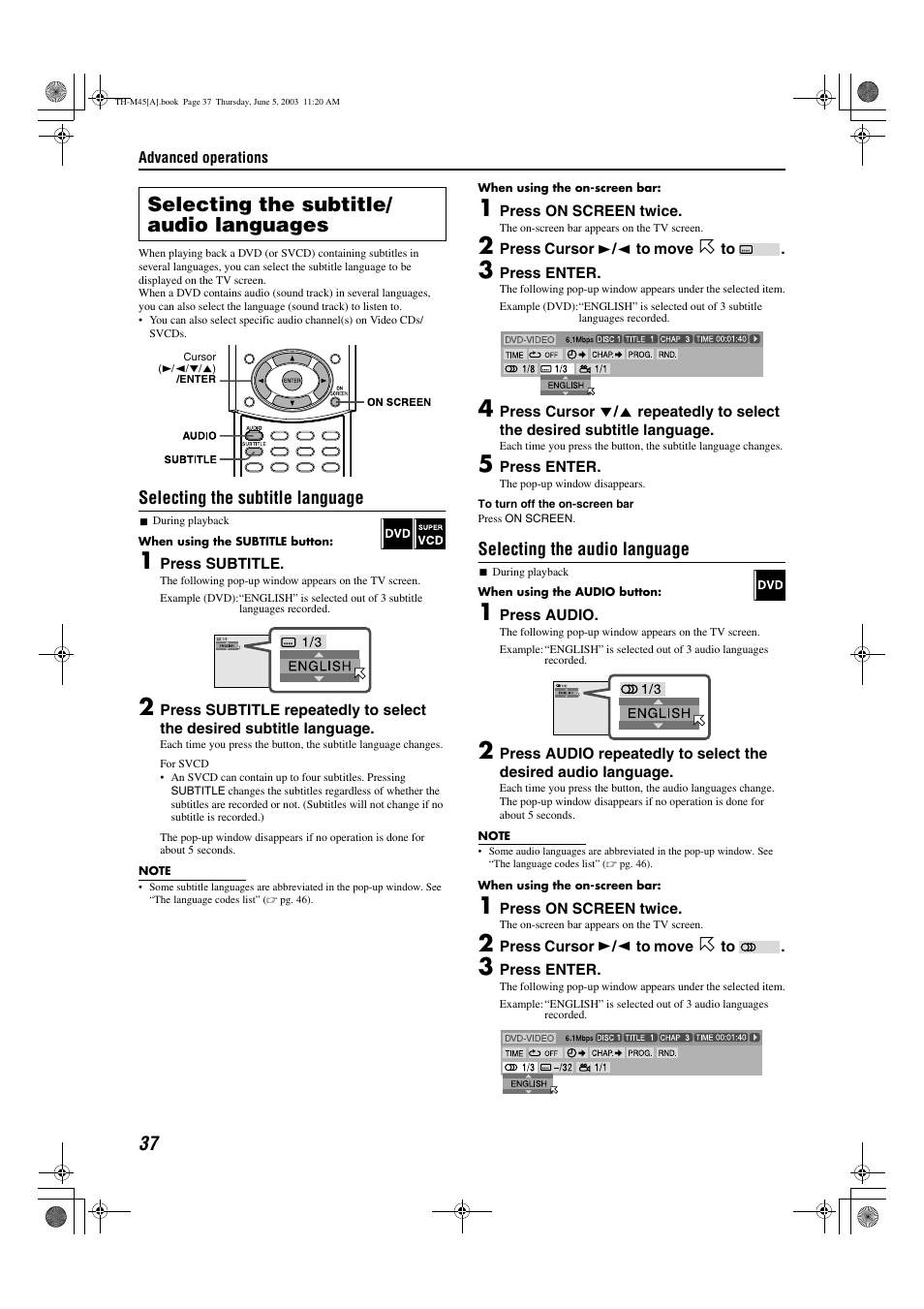 A pg. 37, 38, A pg. 37, Annel | A pg. 37, 38), Btitle language, A pg. 37), Selecting the subtitle/ audio languages, Selecting the subtitle language, Selecting the audio language | JVC SP-THM45C User Manual | Page 40 / 64