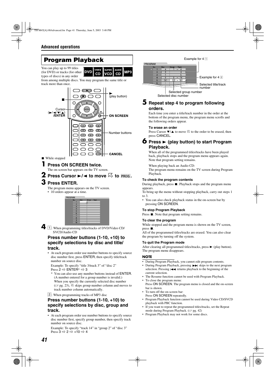 Ncel), A pg. 41, A pg. 41) | Program playback | JVC SP-THM45C User Manual | Page 44 / 64