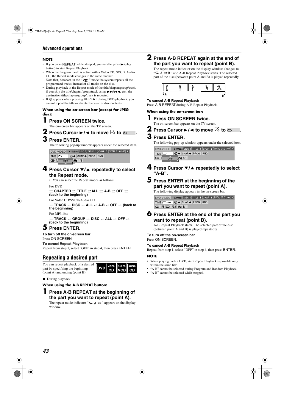 A pg. 43, Repeating a desired part | JVC SP-THM45C User Manual | Page 46 / 64