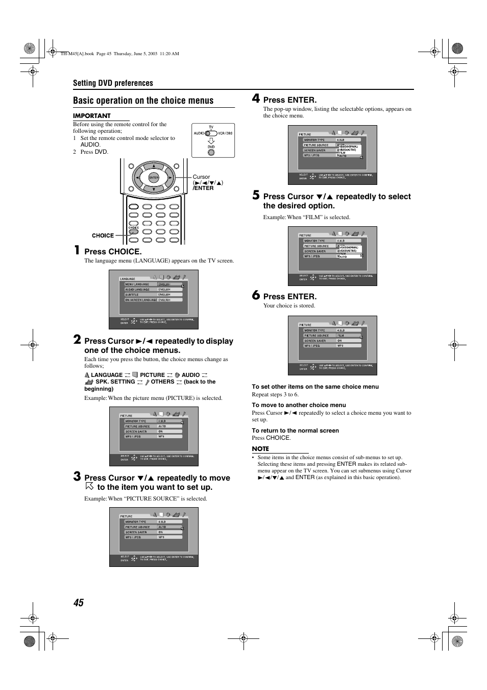 Basic operation on the choice menus | JVC SP-THM45C User Manual | Page 48 / 64