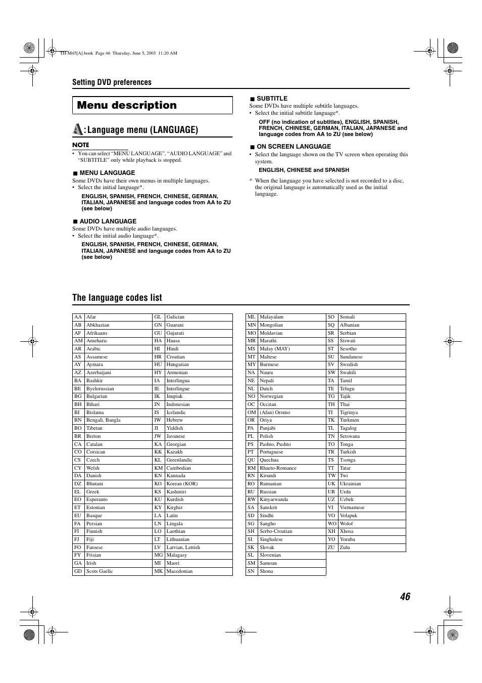 The language codes list, A pg. 46), Menu description | Language menu (language), Setting dvd preferences | JVC SP-THM45C User Manual | Page 49 / 64