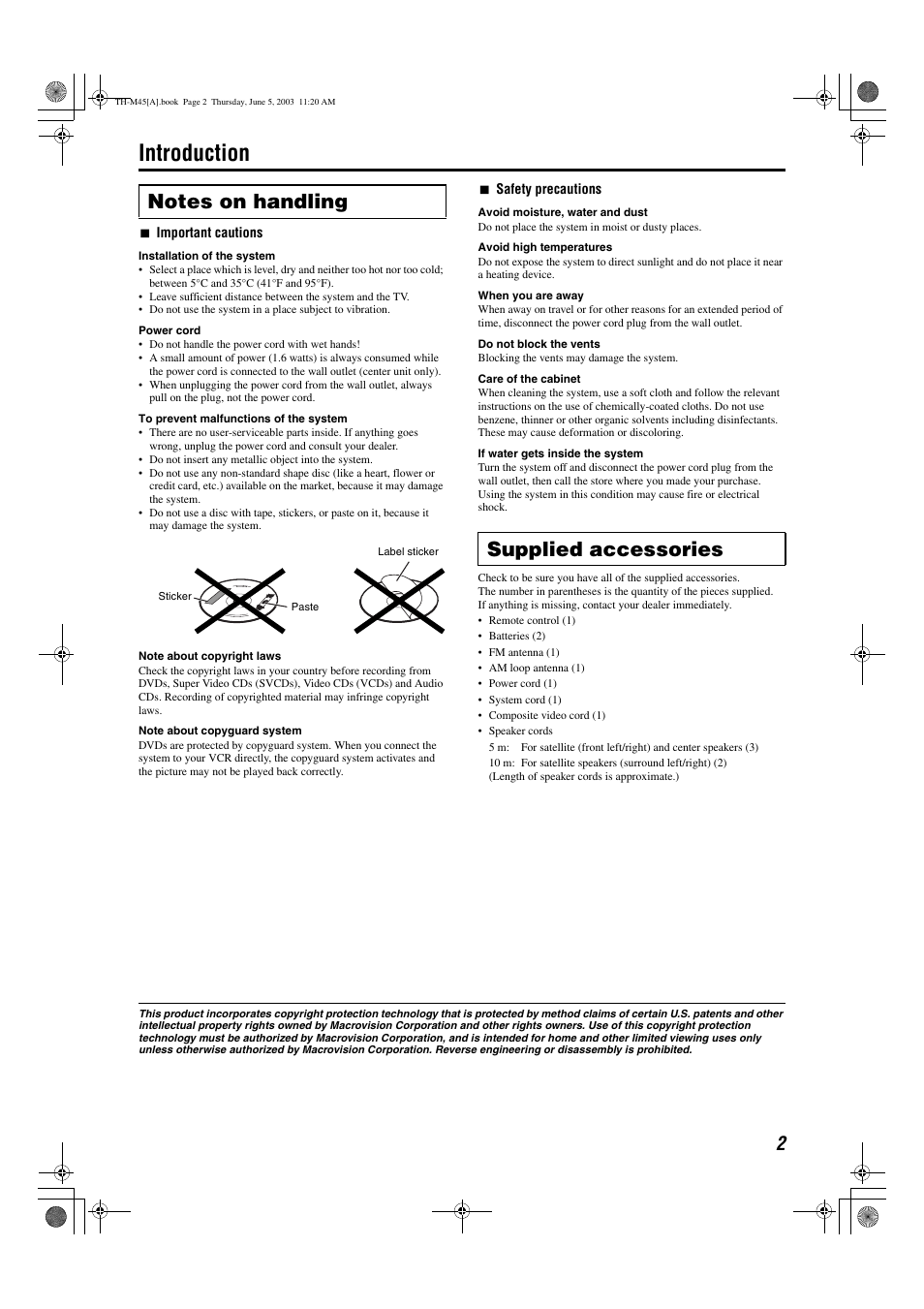 Introduction, Supplied accessories | JVC SP-THM45C User Manual | Page 5 / 64
