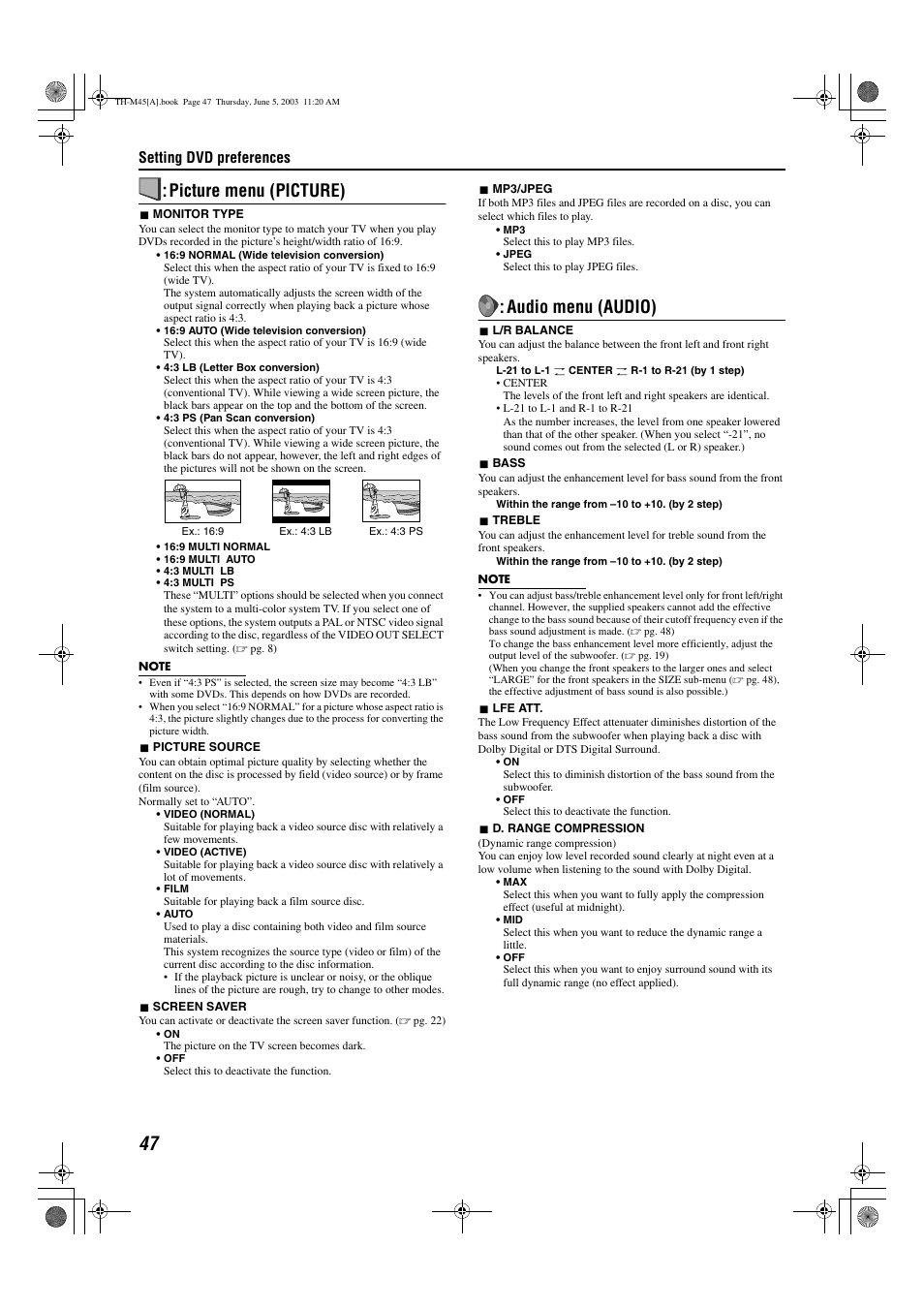A pg. 47), Setting, Screen | Ture), Audio), Picture menu (picture), Audio menu (audio) | JVC SP-THM45C User Manual | Page 50 / 64