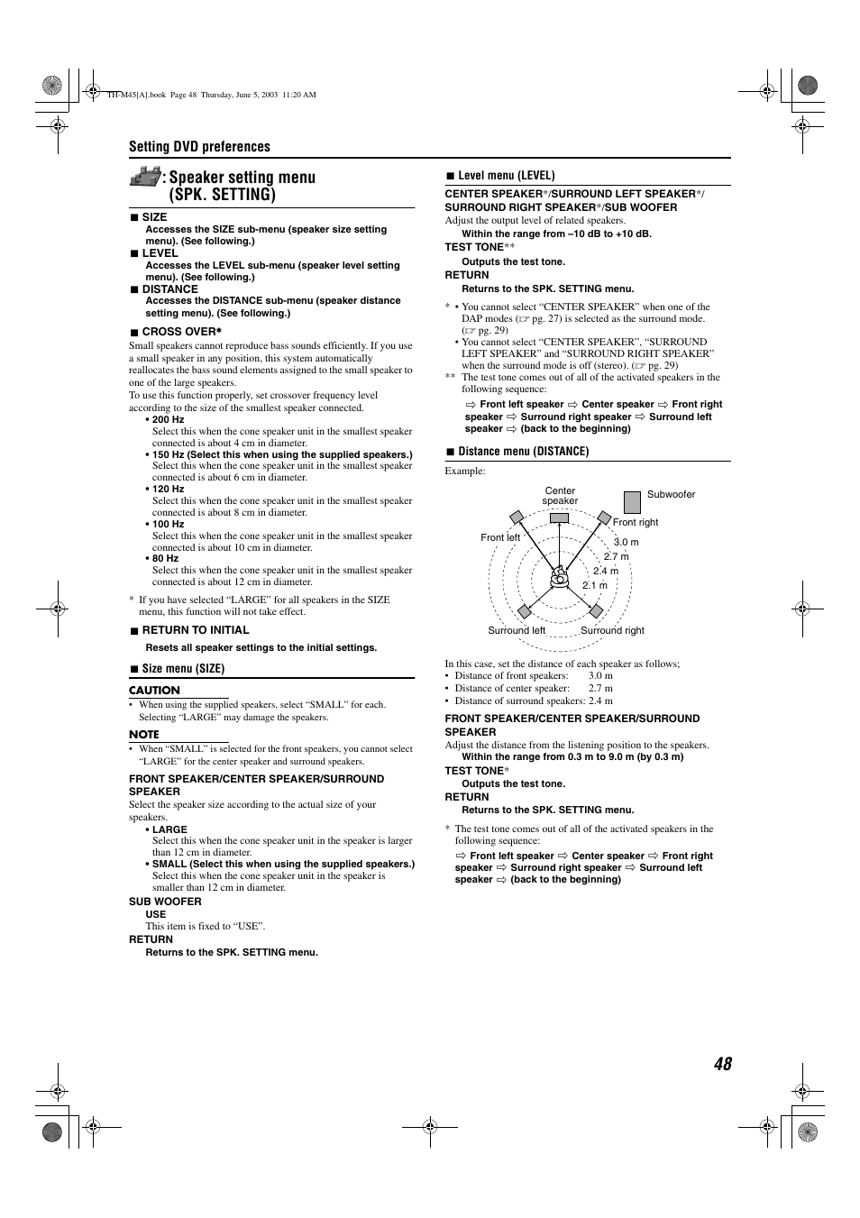 A pg. 48), Screen, T speakers in the size sub-menu | Setting), Speaker setting menu (spk. setting), Setting dvd preferences | JVC SP-THM45C User Manual | Page 51 / 64