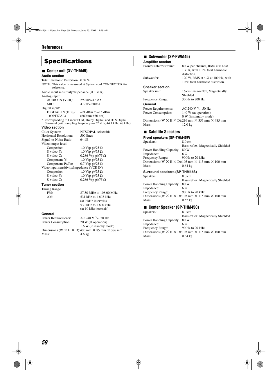 Specifications, References | JVC SP-THM45C User Manual | Page 62 / 64