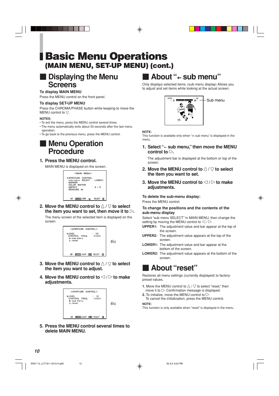 Basic menu operations, About “ sub menu, About “reset | Displaying the menu screens, Menu operation procedure, Main menu, set-up menu) (cont.) | JVC DT-V100CG User Manual | Page 10 / 24