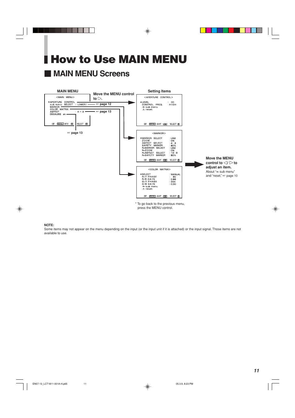 How to use main menu, Main menu screens | JVC DT-V100CG User Manual | Page 11 / 24