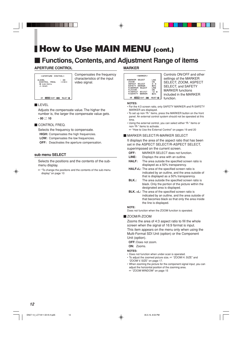 How to use main menu, Functions, contents, and adjustment range of items, Cont.) | JVC DT-V100CG User Manual | Page 12 / 24