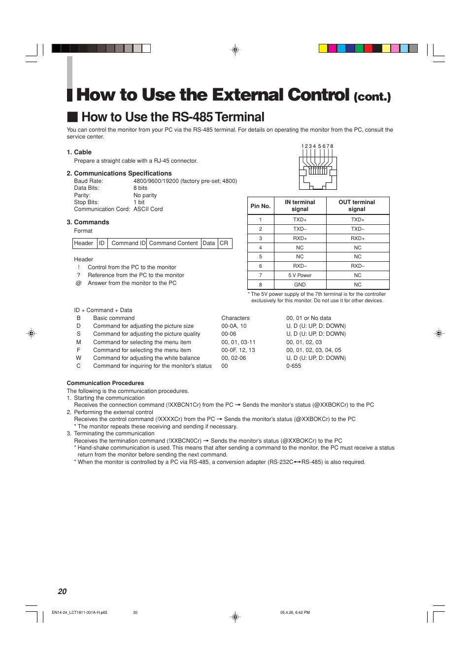 How to use the external control, How to use the rs-485 terminal, Cont.) | JVC DT-V100CG User Manual | Page 20 / 24