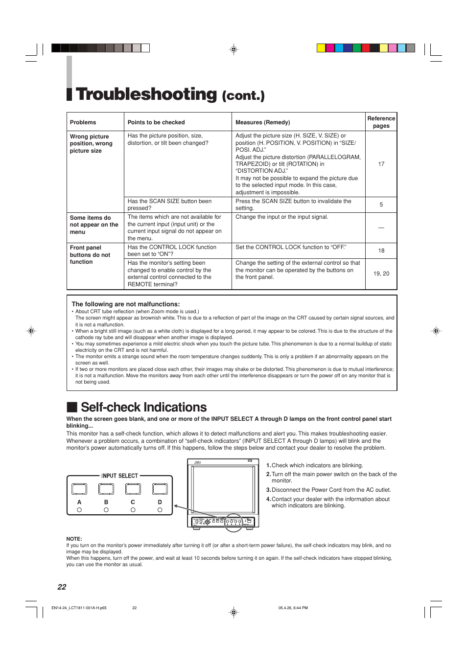 Self-check indications, Troubleshooting, Cont.) | JVC DT-V100CG User Manual | Page 22 / 24