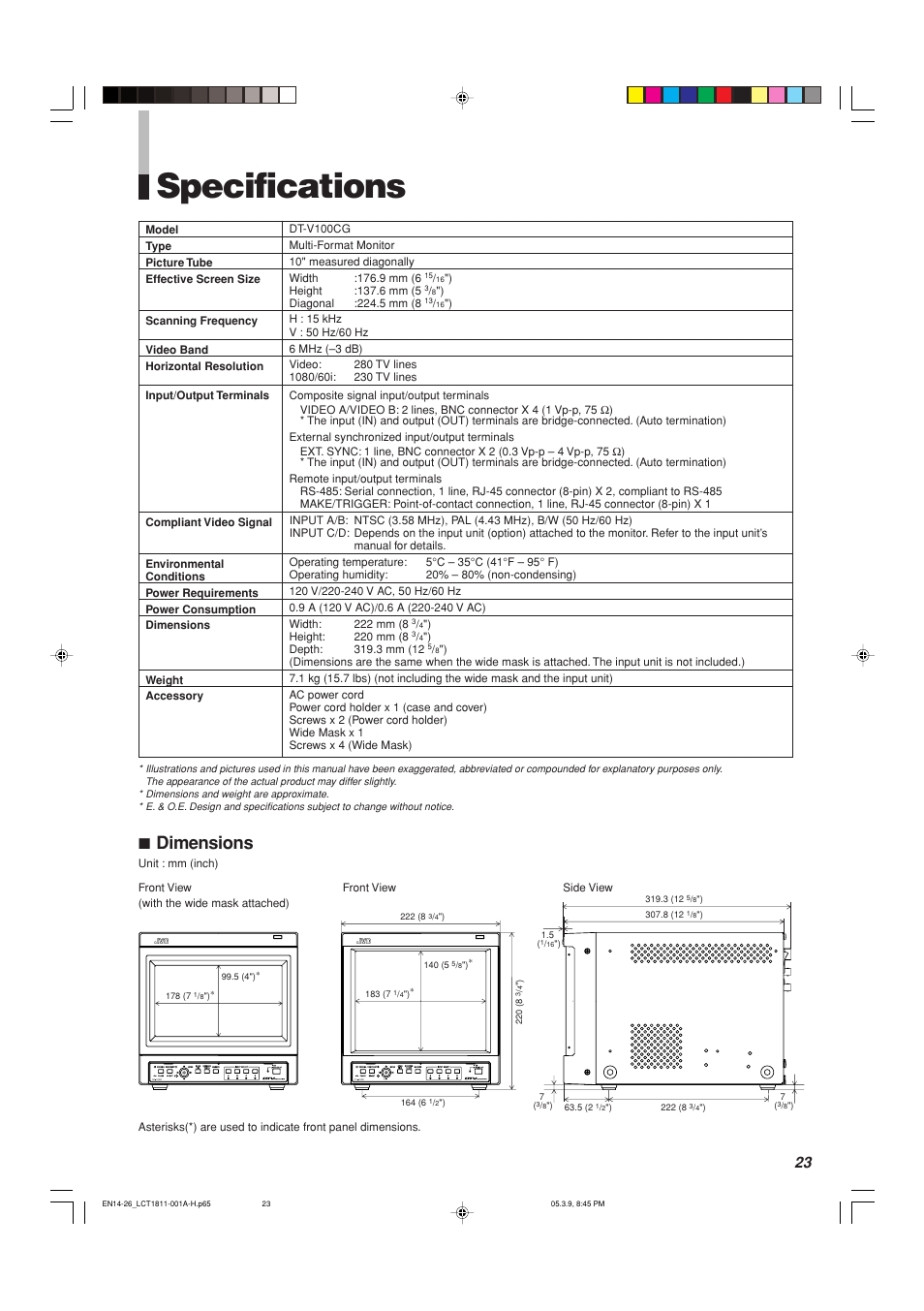Specifications, 7 dimensions | JVC DT-V100CG User Manual | Page 23 / 24
