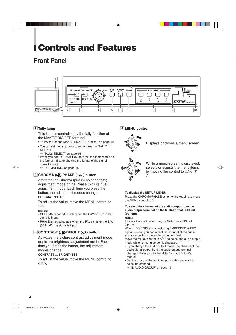 Controls and features, Front panel | JVC DT-V100CG User Manual | Page 4 / 24