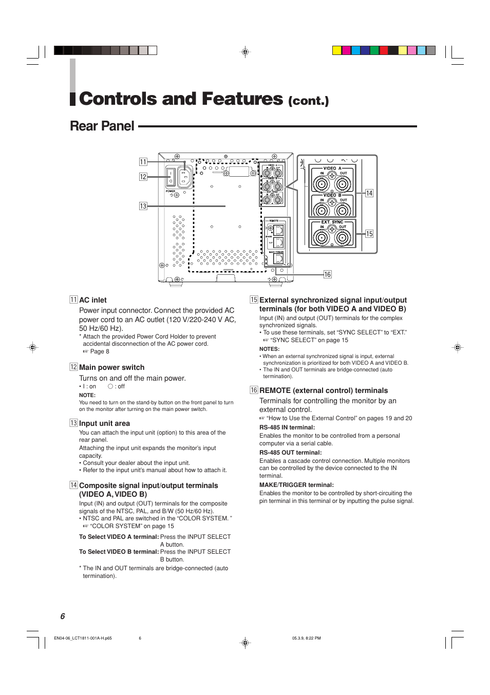 Controls and features, Rear panel, Cont.) | JVC DT-V100CG User Manual | Page 6 / 24