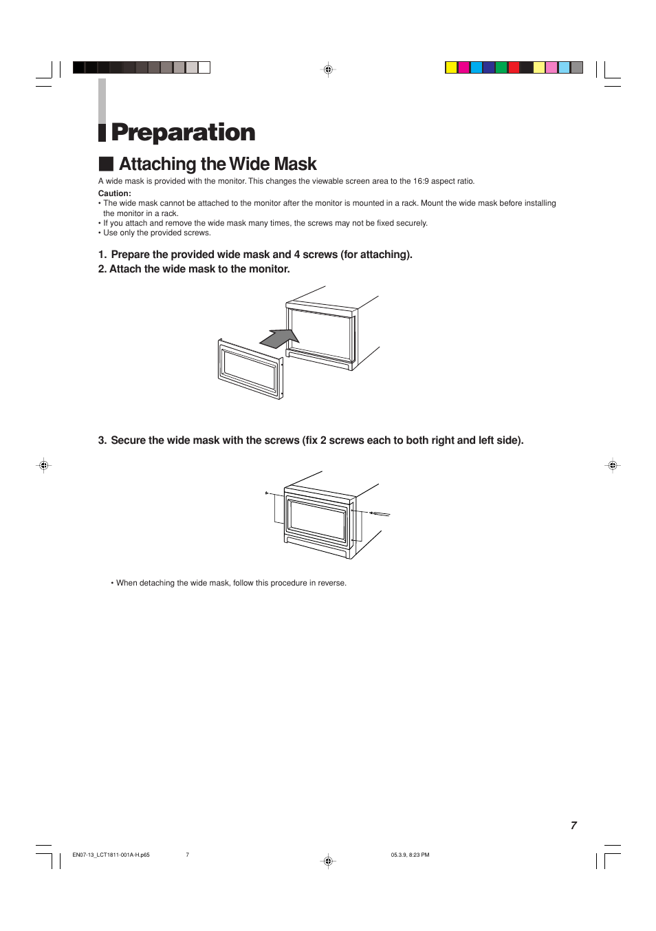 Preparation, Attaching the wide mask | JVC DT-V100CG User Manual | Page 7 / 24