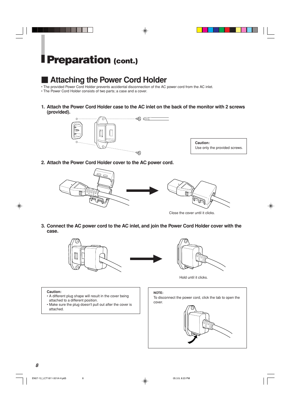 Preparation, Attaching the power cord holder, Cont.) | JVC DT-V100CG User Manual | Page 8 / 24