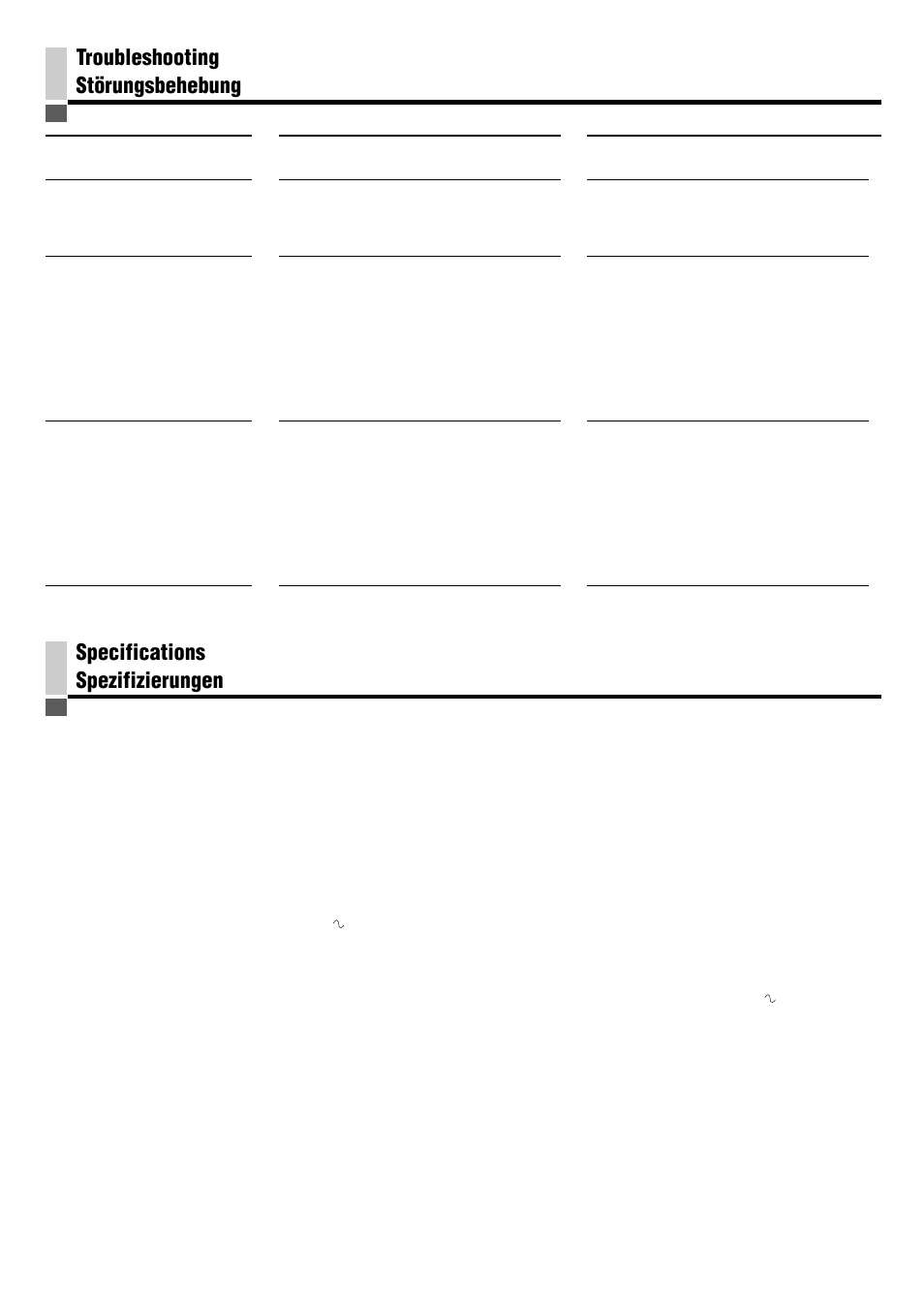 Troubleshooting, Troubleshooting störungsbehebung, Specifications spezifizierungen | JVC SP-PW880 User Manual | Page 11 / 36