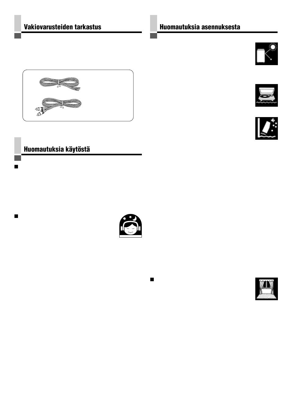 Vakiovarusteiden tarkastus, Huomautuksia käytöstä huomautuksia asennuksesta | JVC SP-PW880 User Manual | Page 30 / 36