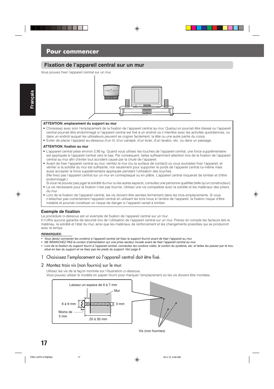 Pour commencer, Fixation de l’appareil central sur un mur | JVC DVD CINEMA SYSTEM TH-V70R User Manual | Page 100 / 241