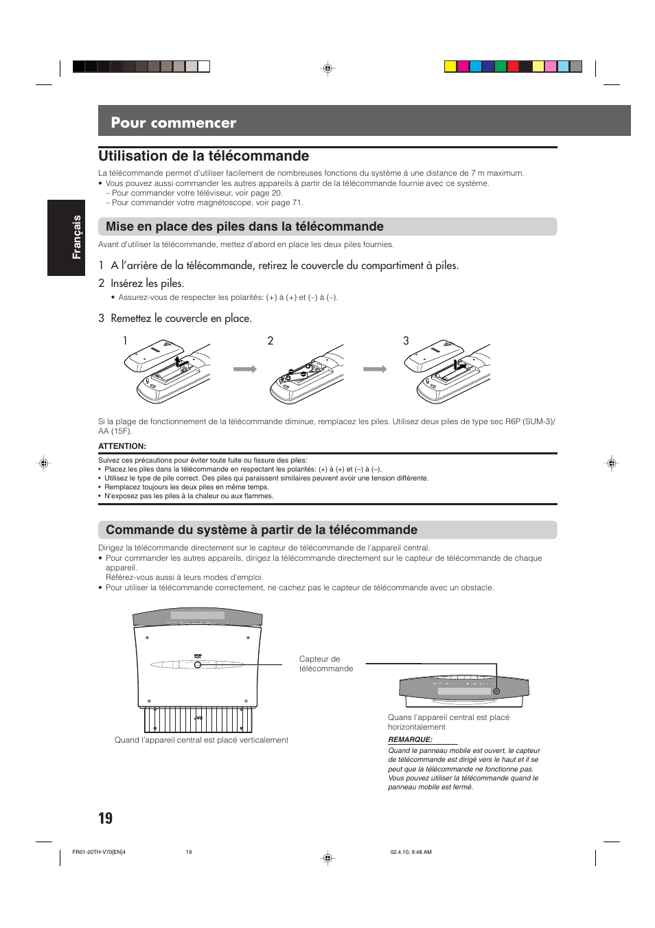 Pour commencer utilisation de la télécommande, Mise en place des piles dans la télécommande, Commande du système à partir de la télécommande | JVC DVD CINEMA SYSTEM TH-V70R User Manual | Page 102 / 241
