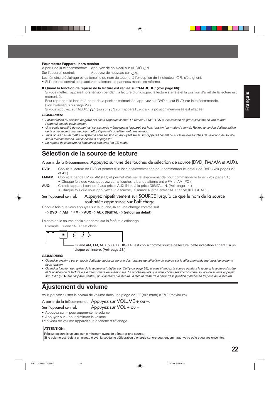 Sélection de la source de lecture, Ajustement du volume, Fran ç ais | Appuyez sur volume + ou, Appuyez sur vol + ou | JVC DVD CINEMA SYSTEM TH-V70R User Manual | Page 105 / 241