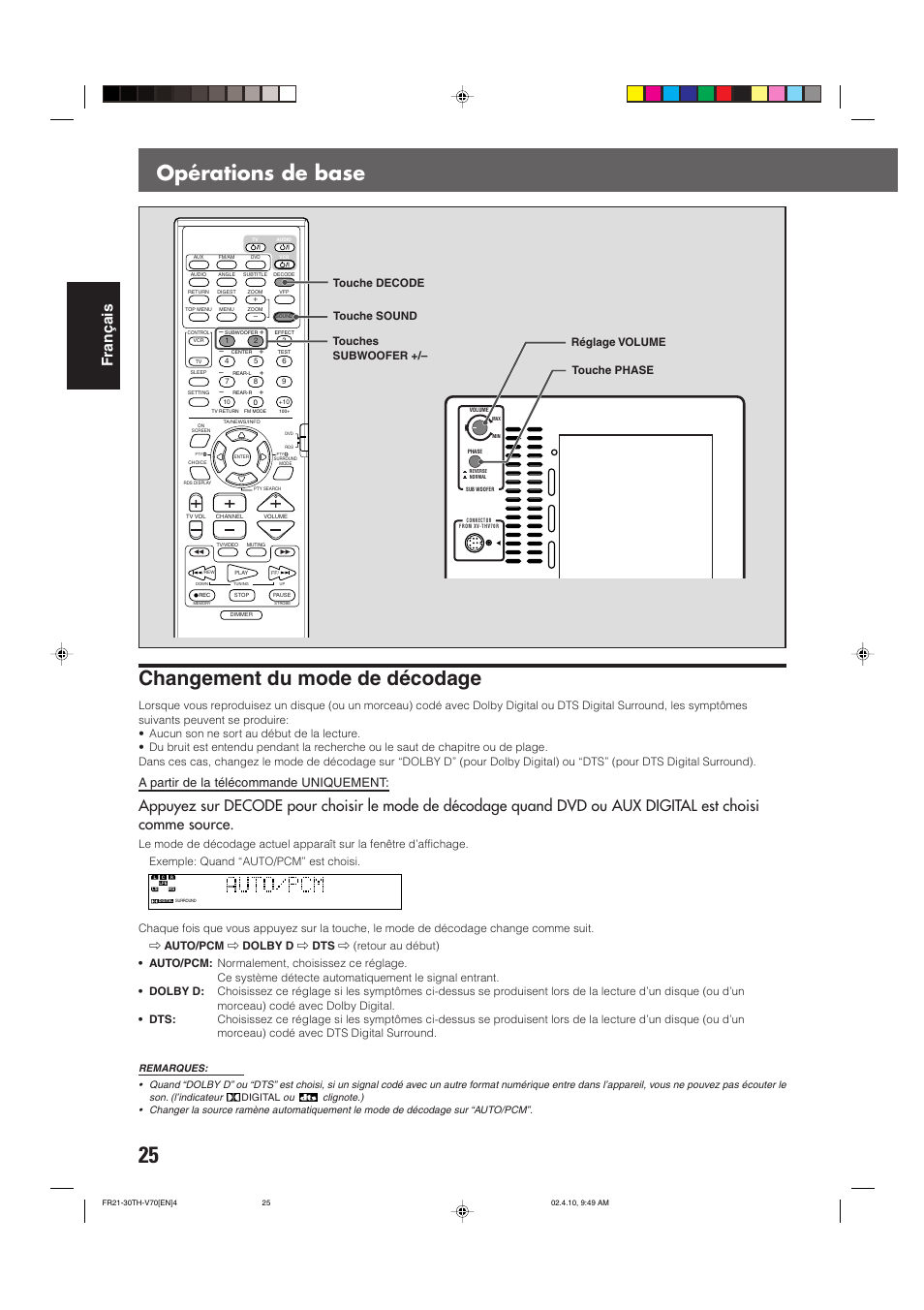 Opérations de base changement du mode de décodage, Fran ç ais, A partir de la télécommande uniquement | Touche decode touche sound touches subwoofer, Réglage volume touche phase | JVC DVD CINEMA SYSTEM TH-V70R User Manual | Page 108 / 241