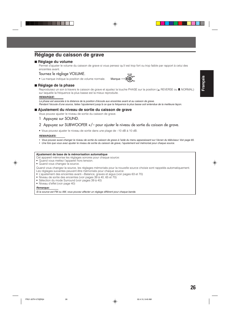 Réglage du caisson de grave, Fran ç ais, 7 réglage du volume | Tournez le réglage volume, 7 réglage de la phase | JVC DVD CINEMA SYSTEM TH-V70R User Manual | Page 109 / 241