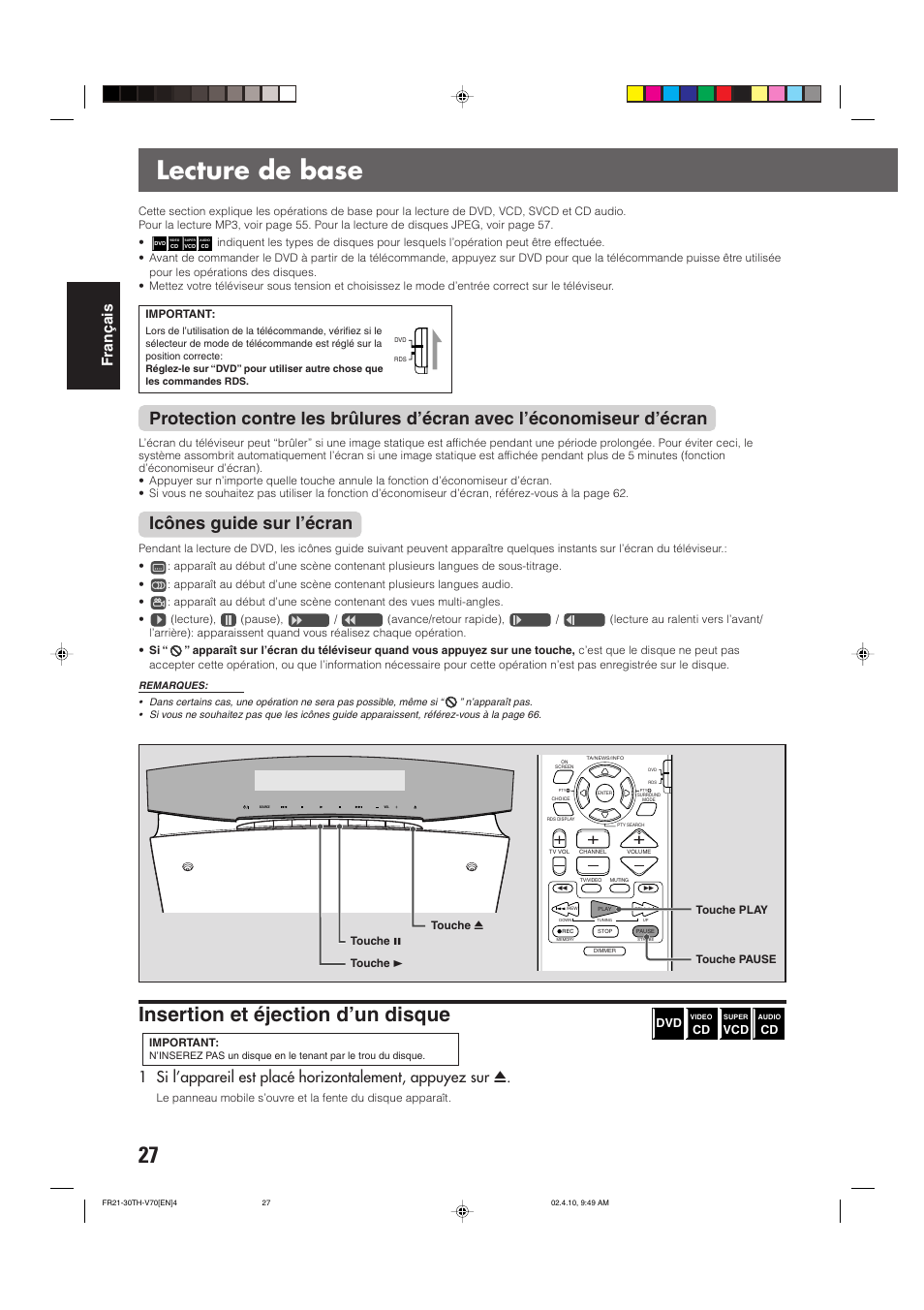Lecture de base, Insertion et éjection d’un disque, Icônes guide sur l’écran | Fran ç ais | JVC DVD CINEMA SYSTEM TH-V70R User Manual | Page 110 / 241