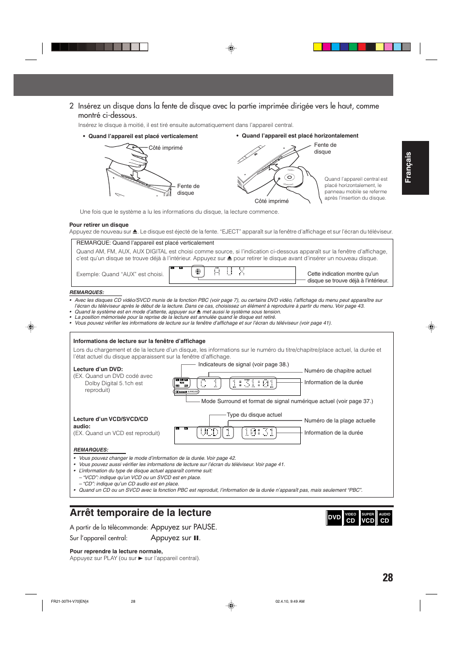 Arrêt temporaire de la lecture, Appuyez sur pause, Appuyez sur 8 | JVC DVD CINEMA SYSTEM TH-V70R User Manual | Page 111 / 241