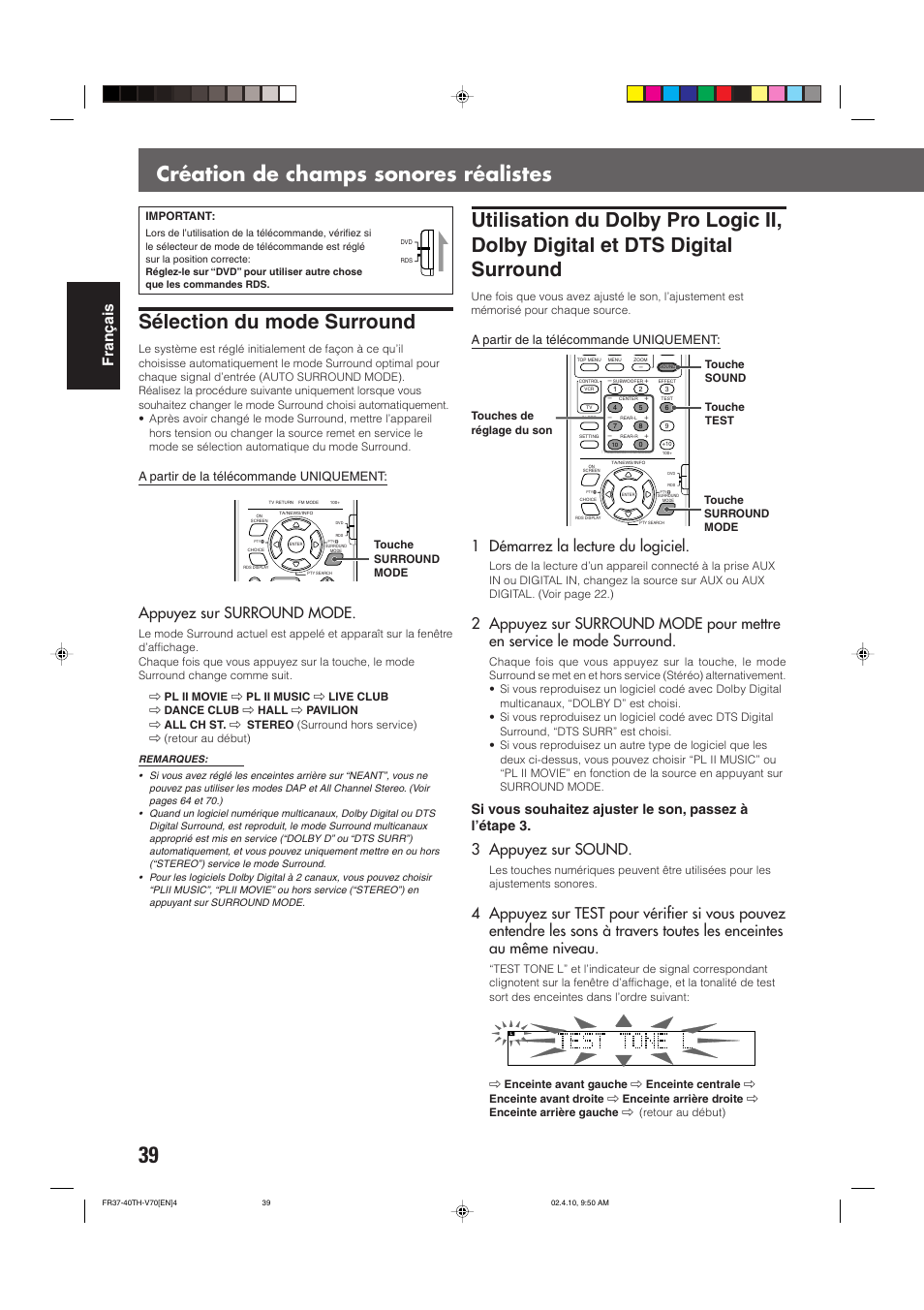 Fran ç ais, Appuyez sur surround mode, 1 démarrez la lecture du logiciel | 3 appuyez sur sound, A partir de la télécommande uniquement | JVC DVD CINEMA SYSTEM TH-V70R User Manual | Page 122 / 241