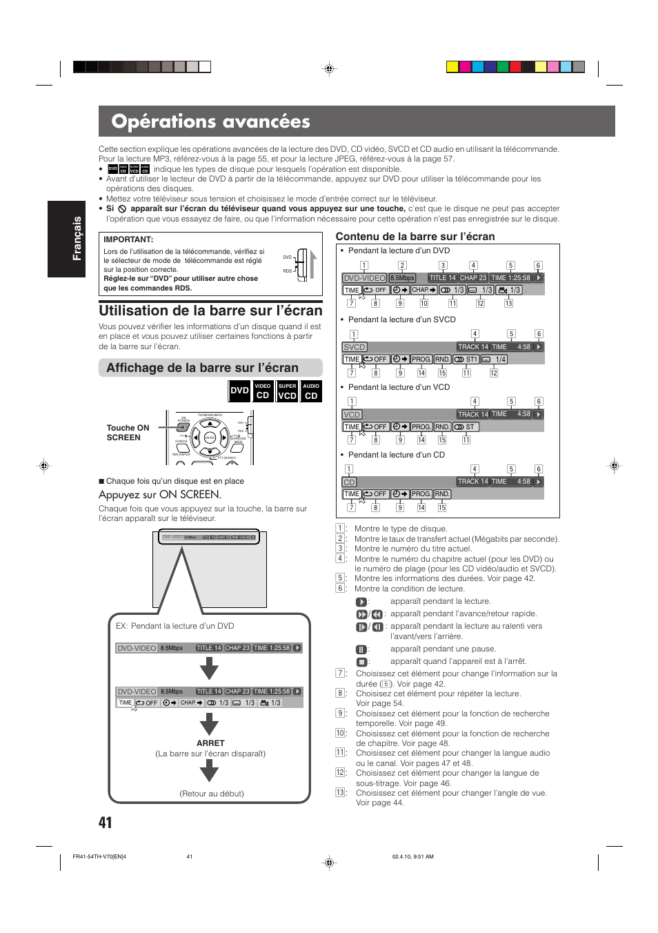 Opérations avancées, Utilisation de la barre sur l’écran, Affichage de la barre sur l’écran | Français contenu de la barre sur l’écran, Appuyez sur on screen | JVC DVD CINEMA SYSTEM TH-V70R User Manual | Page 124 / 241